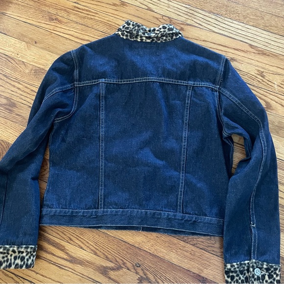 🎉HP!!🎉 Squeeze Stephen Hardy Y2K Faux Leopard Trim Jean Denim Jacket Women’s L - Picture 8 of 9